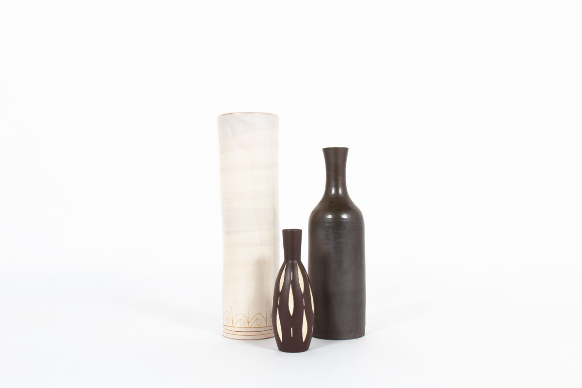 Ceramic vases beige and brown 1950 set of 3