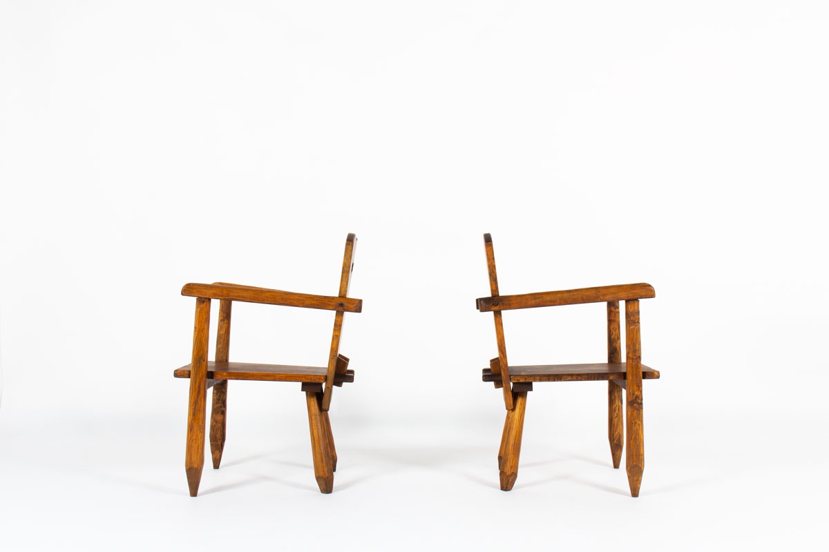 Armchairs in walnut brutalist design 1950 set of 2