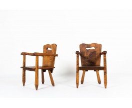 Armchairs in walnut brutalist design 1950 set of 2