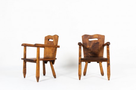 Armchairs in walnut brutalist design 1950 set of 2