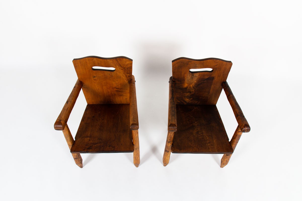 Armchairs in walnut brutalist design 1950 set of 2