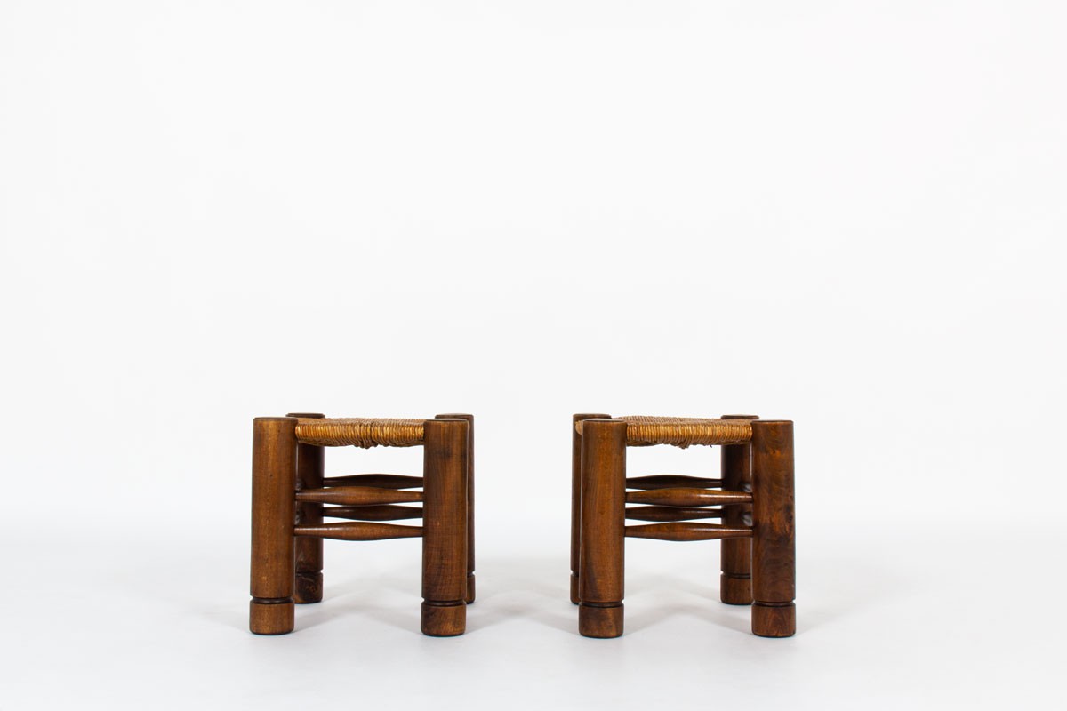 Charles Dudouyt stools in oak and straw 1930 set of 2