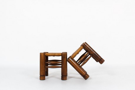 Charles Dudouyt stools in oak and straw 1930 set of 2
