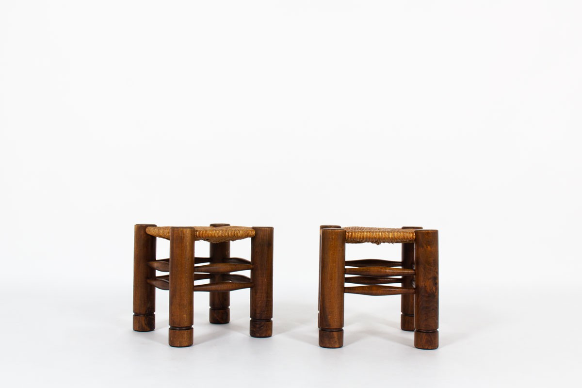 Charles Dudouyt stools in oak and straw 1930 set of 2