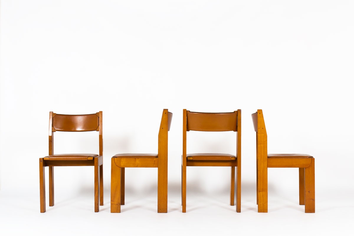 Luigi Gorgoni chairs in leather and elm edition Roche Bobois 1970 set of 4
