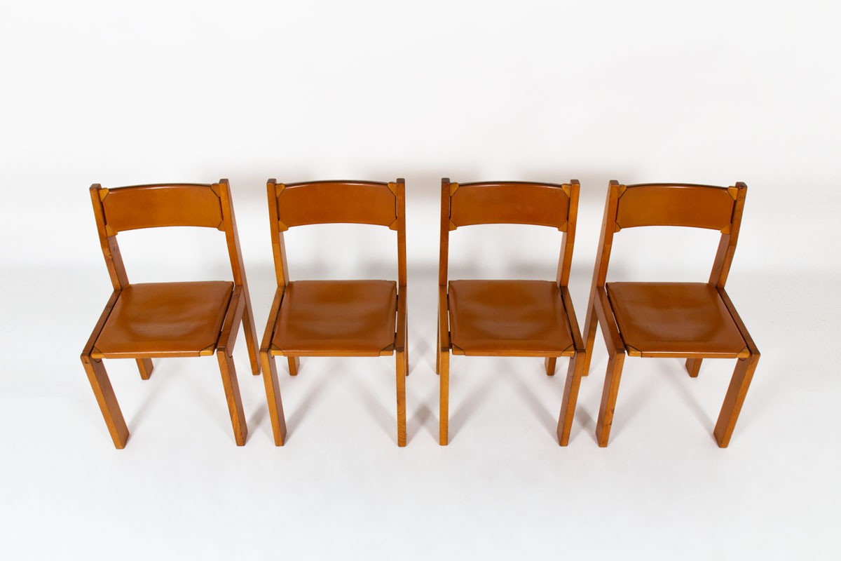 Luigi Gorgoni chairs in leather and elm edition Roche Bobois 1970 set of 4