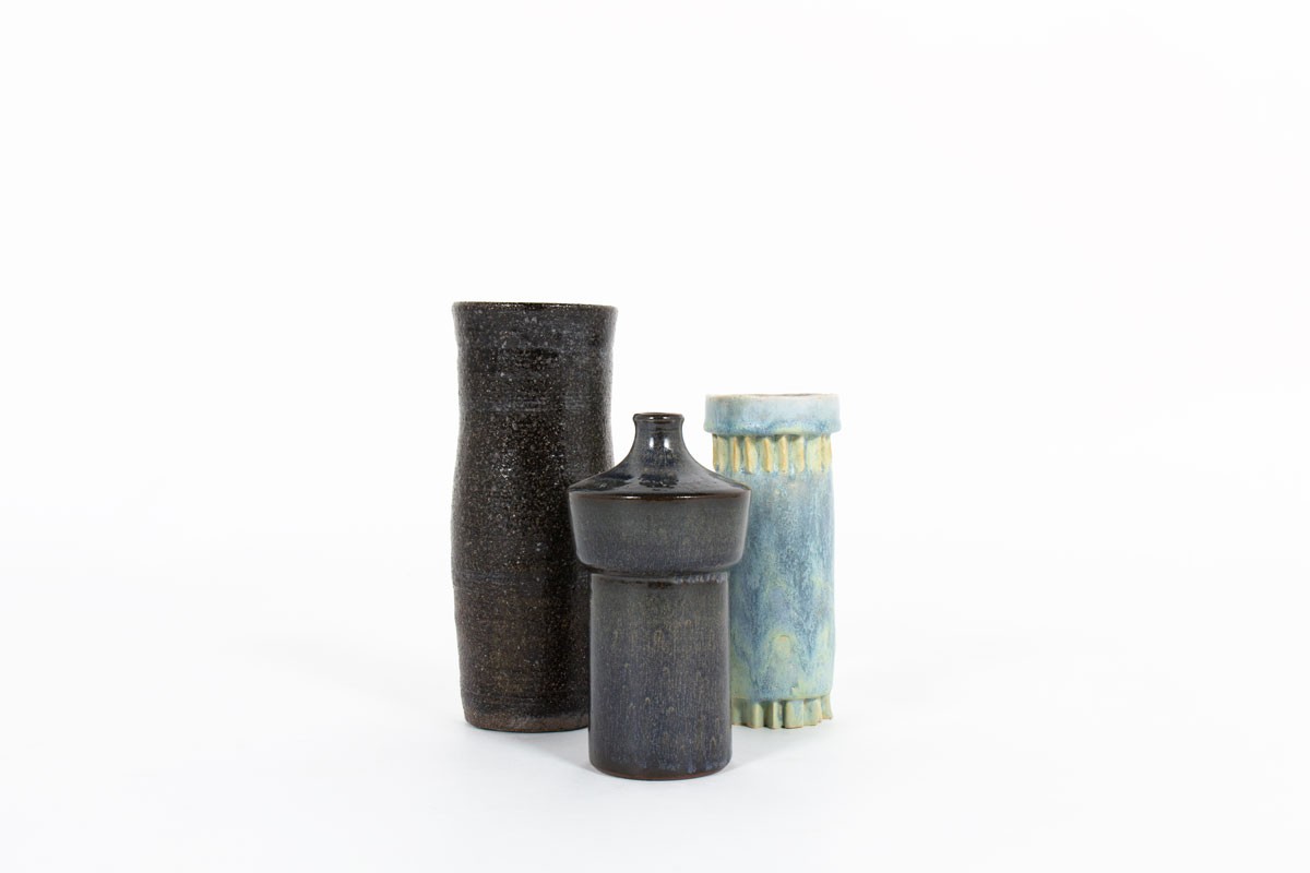 Ensemble de vases en céramique bleue 1950 set de 3