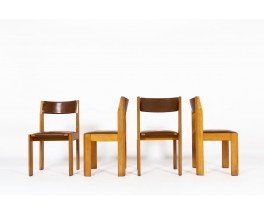 Luigi Gorgoni chairs in elm and leather edition Roche Bobois 1970 set of 4