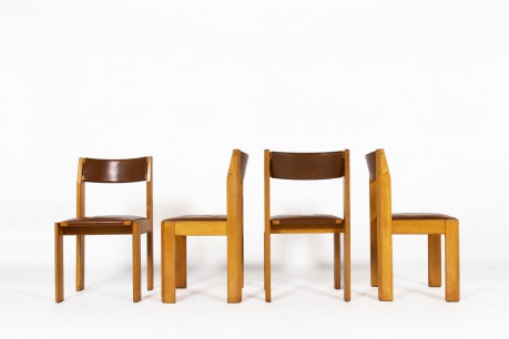 Luigi Gorgoni chairs in elm and leather edition Roche Bobois 1970 set of 4
