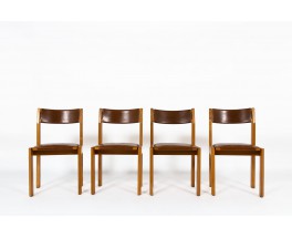 Luigi Gorgoni chairs in elm and leather edition Roche Bobois 1970 set of 4