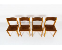 Luigi Gorgoni chairs in elm and leather edition Roche Bobois 1970 set of 4