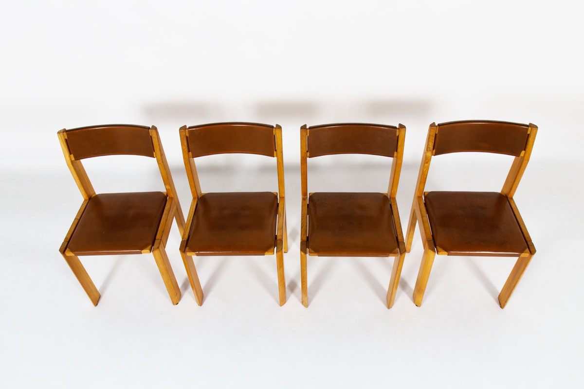 Luigi Gorgoni chairs in elm and leather edition Roche Bobois 1970 set of 4