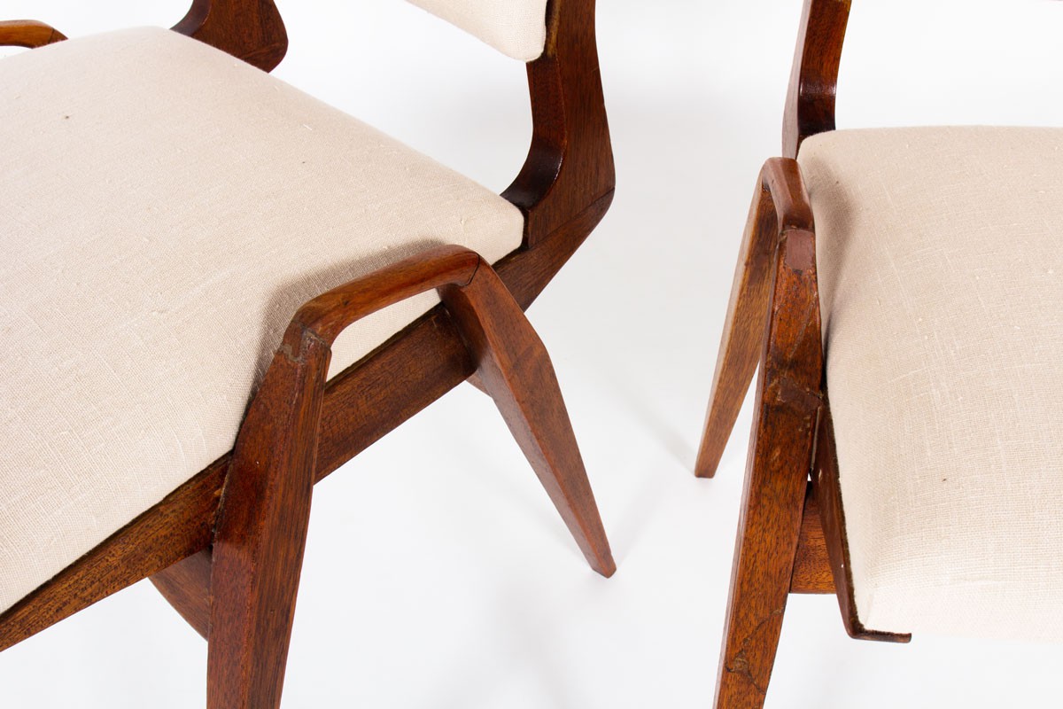 Maurice Pre chairs in mahogany and Maison Thevenon linen 1950 set of 6