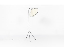 Tripod floor lamp black metal and curved beige lampshade 1950