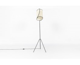 Tripod floor lamp black metal and curved beige lampshade 1950