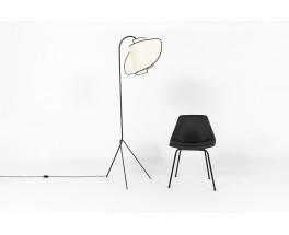 Tripod floor lamp black metal and curved beige lampshade 1950