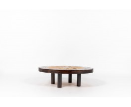Table basse ronde Roger Capron modèle Herbier Vallauris plateau céramique 1960