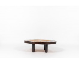 Table basse ronde Roger Capron modèle Herbier Vallauris plateau céramique 1960