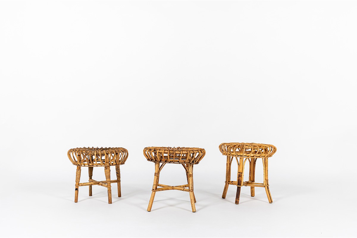 Round Franco Albini stools in wicker edition Vittorio Bonacina 1960 set of 3