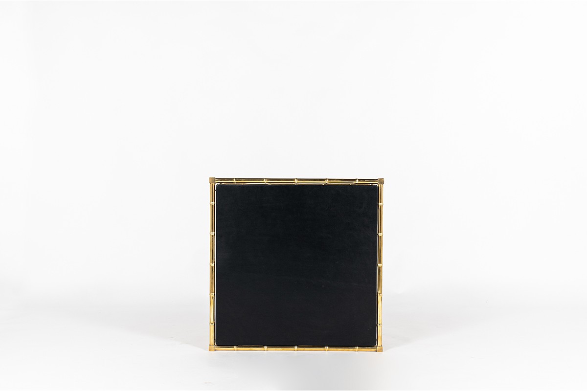 Table basse carrée en laiton et plateau cuir 1970