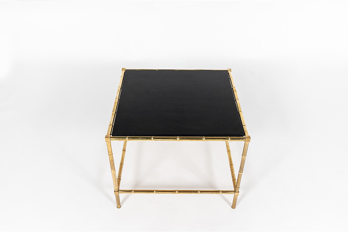 Square coffee table in brass and leather top 1970