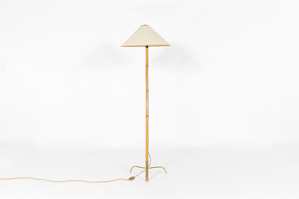 Rupert Nikoll floor lamp in bamboo and brass with paper shade 1950