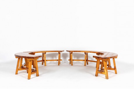 Bancs arrondis en sapin 1950 set de 4