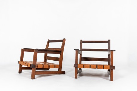 Armchairs in oak and leather reconstruction design 1950 set of 2