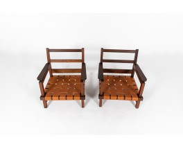 Armchairs in oak and leather reconstruction design 1950 set of 2