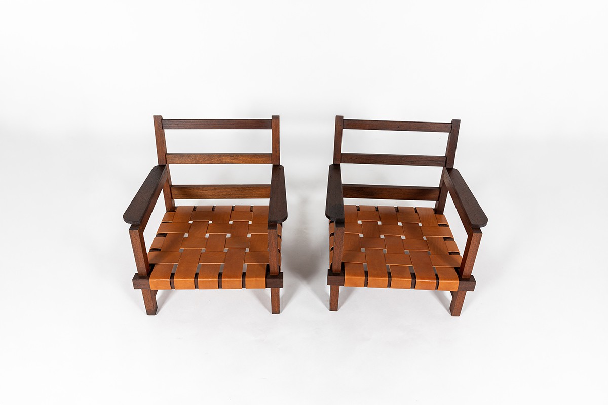 Armchairs in oak and leather reconstruction design 1950 set of 2