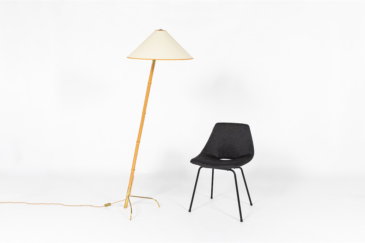 Rupert Nikoll floor lamp in bamboo and brass with paper shade 1950