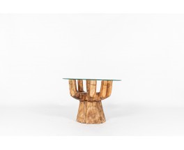 Table basse ronde modèle main en bois et verre 1950