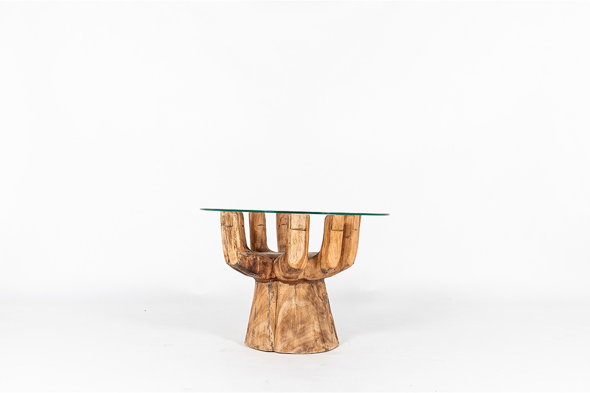 Round coffee table model hand in wood and glass 1950