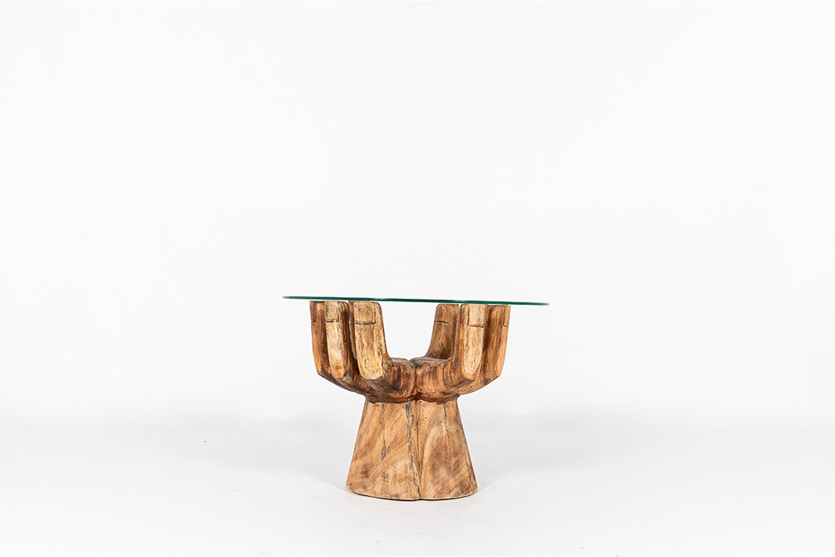 Round coffee table model hand in wood and glass 1950