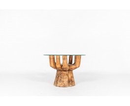 Table basse ronde modèle main en bois et verre 1950