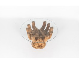 Round coffee table model hand in wood and glass 1950