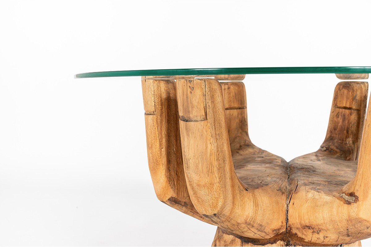 Table basse ronde modèle main en bois et verre 1950