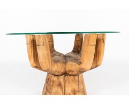 Round coffee table model hand in wood and glass 1950