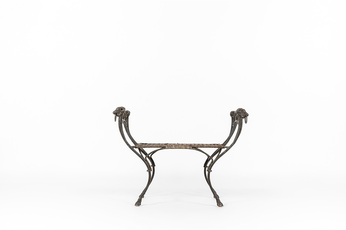 Stool in patinated metal and rattan 1930