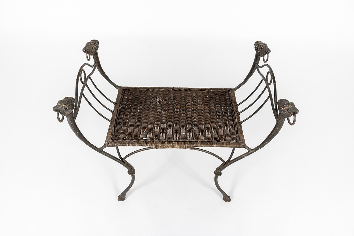 Stool in patinated metal and rattan 1930