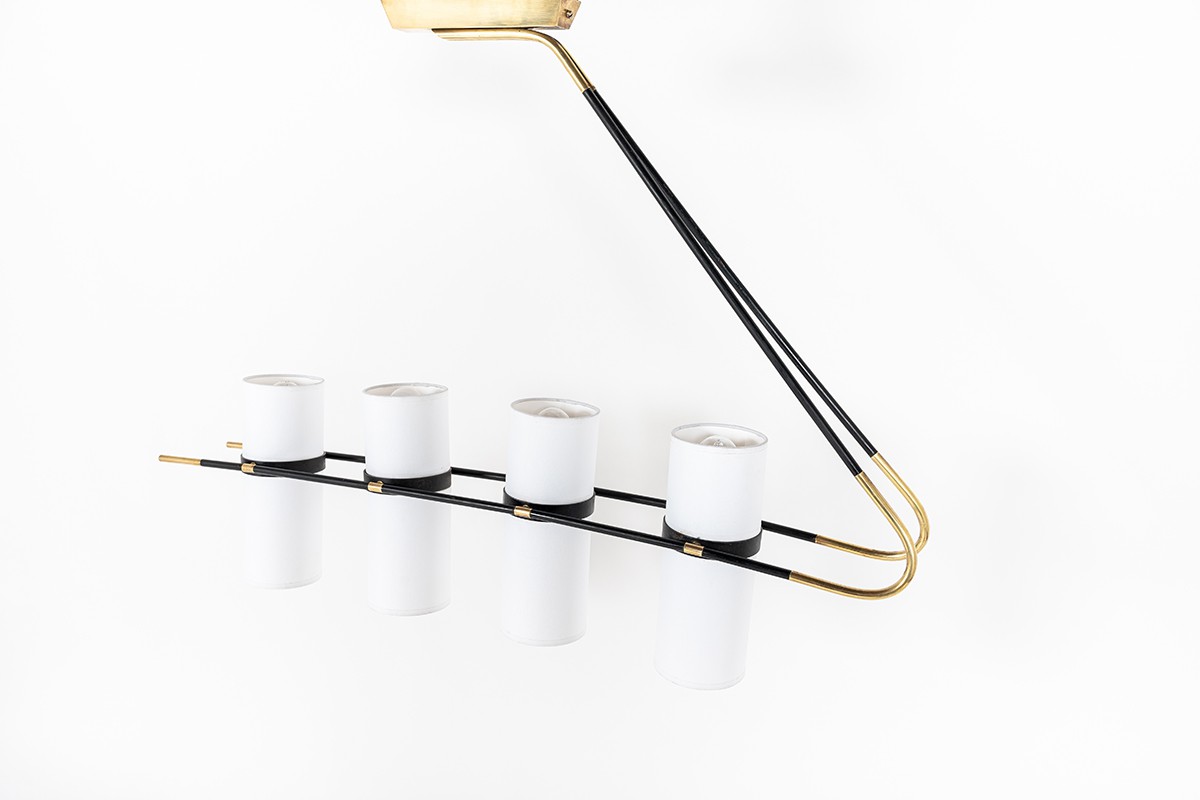 Pendant lamp 8 lights in black metal and brass edition Lunel 1950