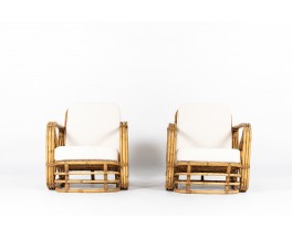 Paul Frankl armchairs in rattan and Maison Thevenon fabric 1950 set of 2