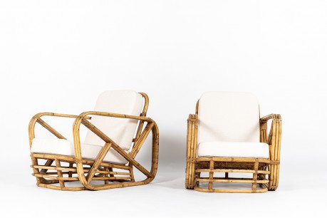 Paul Frankl armchairs in rattan and Maison Thevenon fabric 1950 set of 2