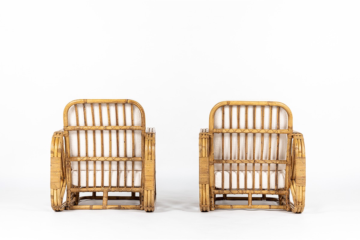 Paul Frankl armchairs in rattan and Maison Thevenon fabric 1950 set of 2