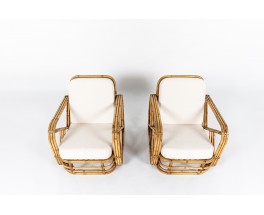 Paul Frankl armchairs in rattan and Maison Thevenon fabric 1950 set of 2