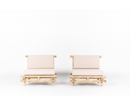 Low chairs in bamboo and beige linen fabric 1950 set of 2