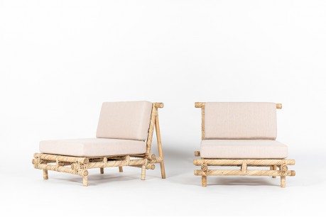 Low chairs in bamboo and beige linen fabric 1950 set of 2