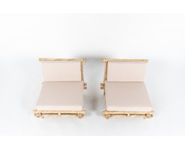 Low chairs in bamboo and beige linen fabric 1950 set of 2