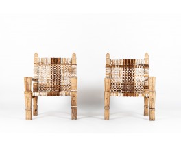 Armchairs in wood and braided cowhide Ethiopian design 1950 set of 2