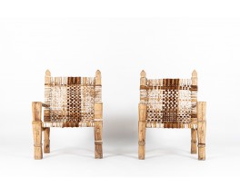 Fauteuils en bois et peau de vache tressée design Ethiopien 1950 set de 2